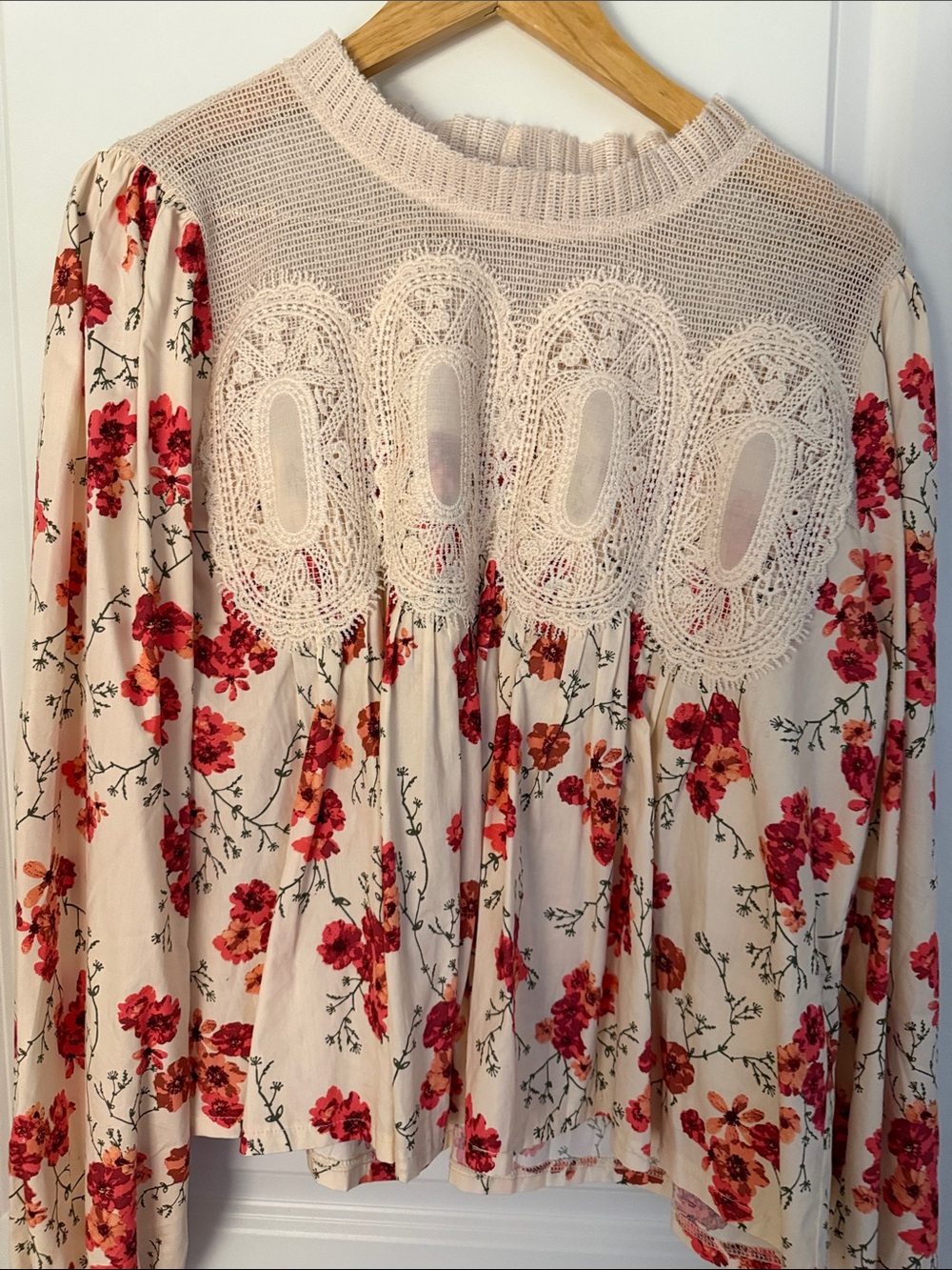Boho Floral Crochet Yoke Blouse - Cream with Red Floral